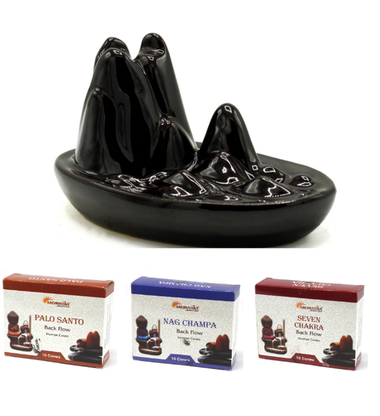 Rückfluss Räucherhalter 'Mountain' mit 30 Räucherkegeln, Nag Champa, Sieben Chakra, Palo Santo, Geschenkset