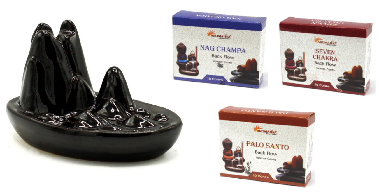 Rückfluss Räucherhalter 'Mountain' mit 30 Räucherkegeln, Nag Champa, Sieben Chakra, Palo Santo, Geschenkset