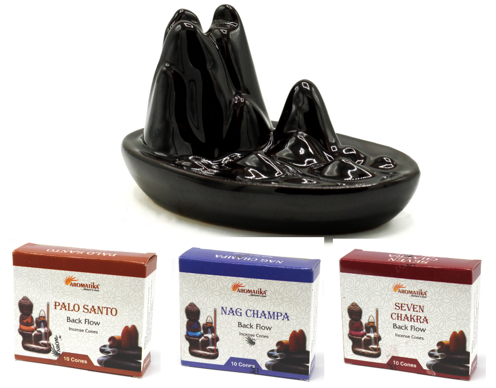 Rückfluss Räucherhalter 'Mountain' mit 30 Räucherkegeln, Nag Champa, Sieben Chakra, Palo Santo, Geschenkset
