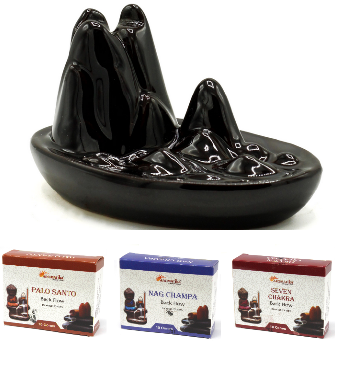 Rückfluss Räucherhalter 'Mountain' mit 30 Räucherkegeln, Nag Champa, Sieben Chakra, Palo Santo, Geschenkset